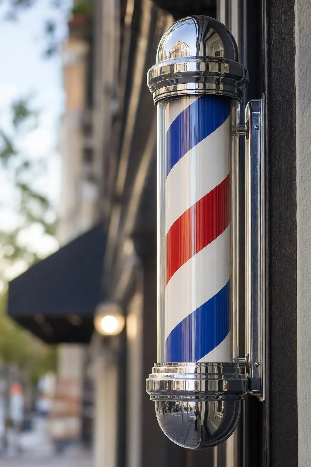 Classic chrome barber pole with red, white and blue stripes