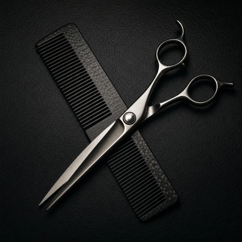 Barber scissors and comb crossed on dark leather