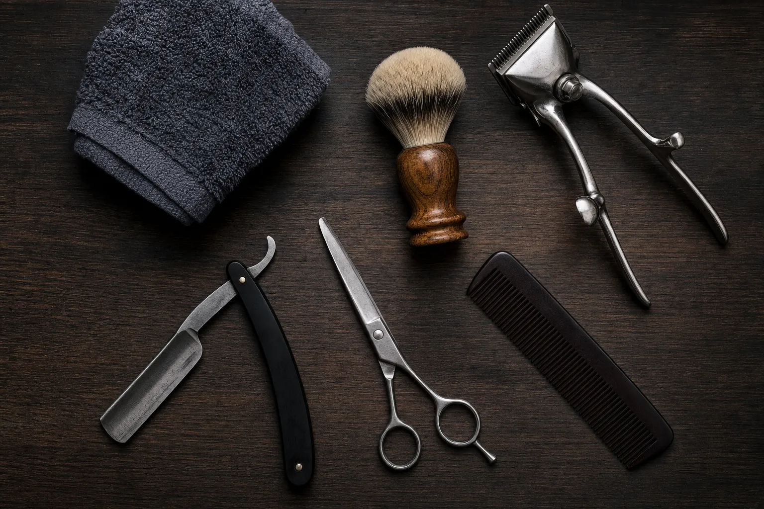 Barber tools laid out on dark wood