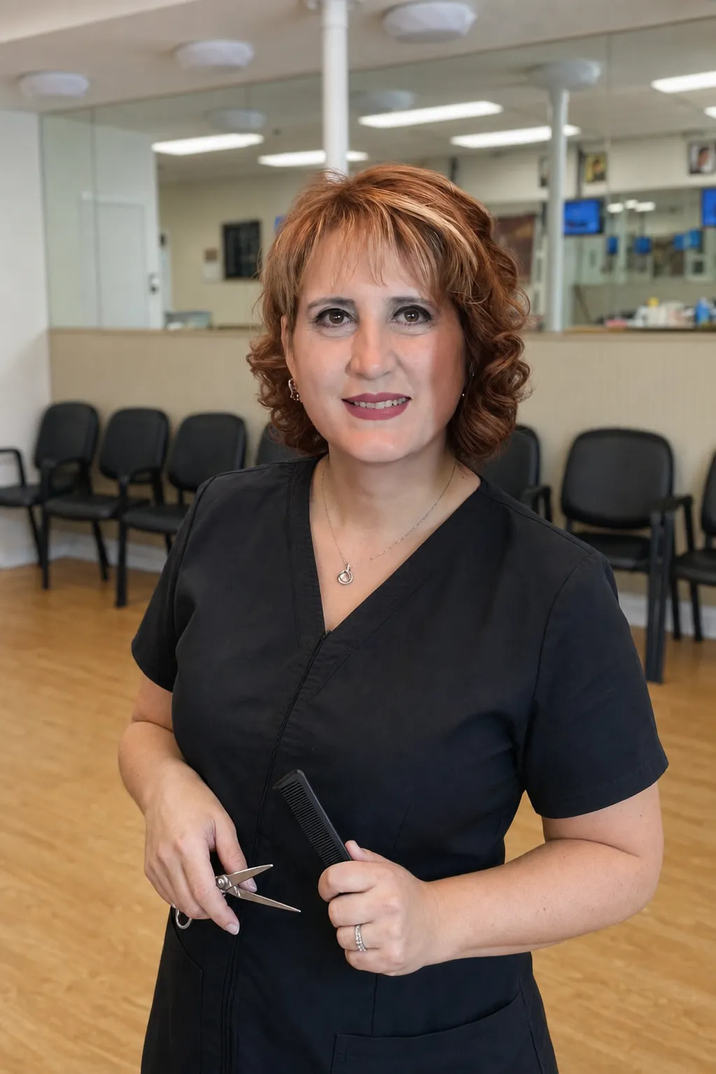 Julia, barber at Camp Ave Barbershop, holding scissors and a comb in the shop