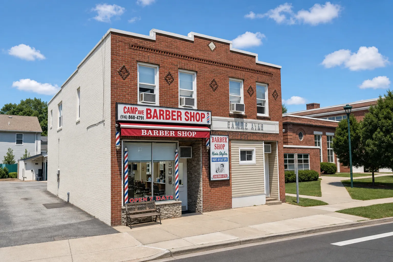 Camp Ave Barbershop — red-brick corner building with red awning, two barber poles and a bench out front